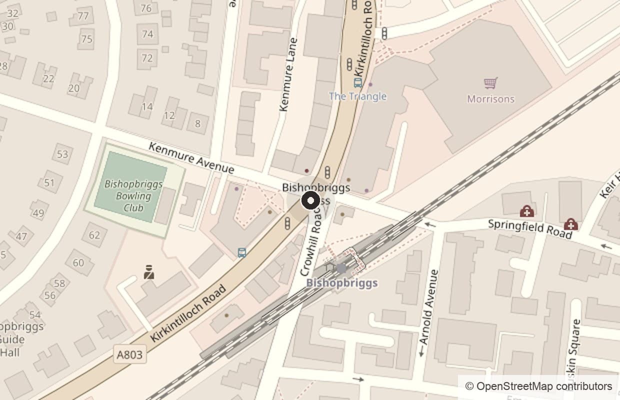 Map showing The Cross Clinic on Crowhill Road, across from Bishopbriggs train station
